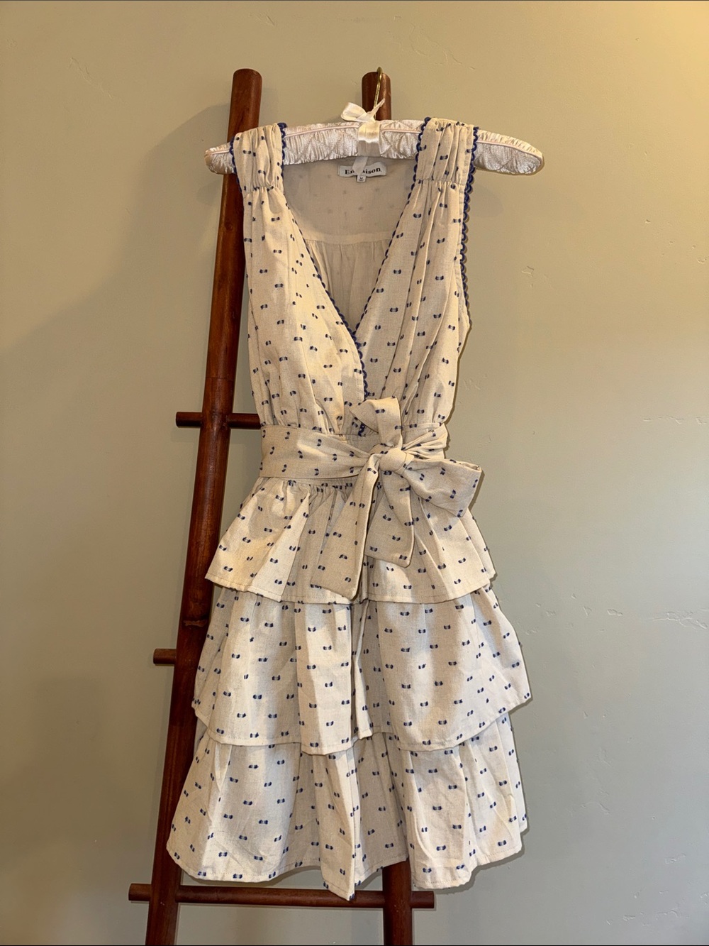 En Saison Tie-Waist Dress in Cream with Blue Dots